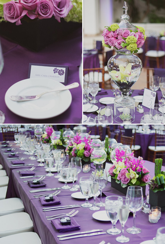 Purple themed wedding reception table setting