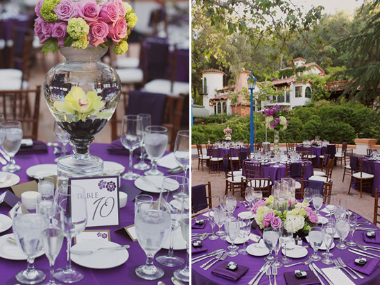 Purple wedding decor with floral centerpieces outdoors