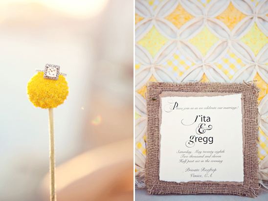 Yellow wedding invitation and ring