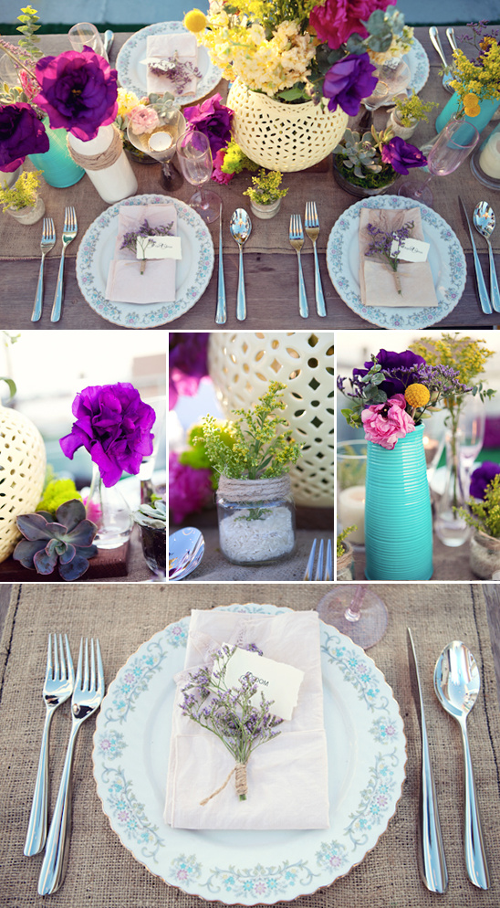 Colorful floral table setting with place settings