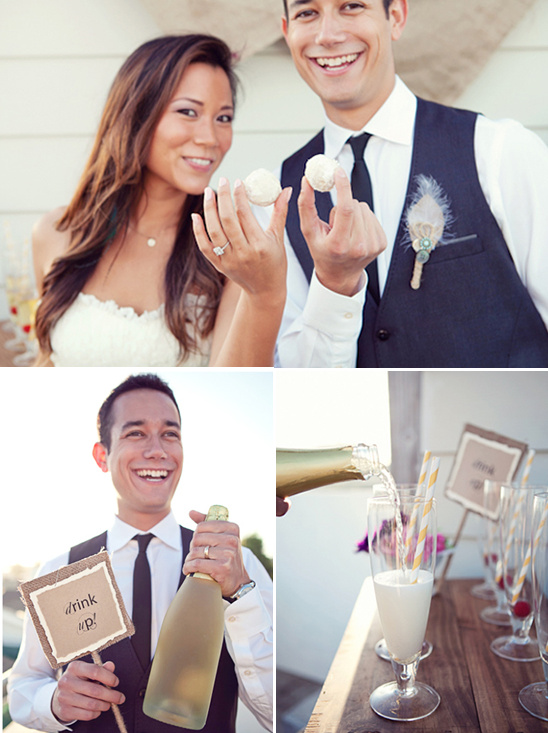 Joyful bride groom celebrating wedding with champagne toasts