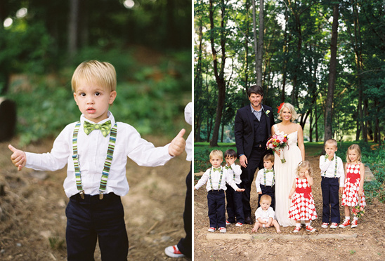 Wedding party with kids in bowties and suspenders