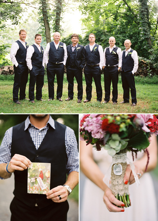 Groomsmen in vests with bouquet at wedding in Virginia