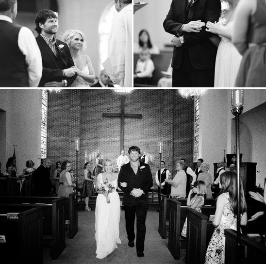 Black and white wedding ceremony in a church setting
