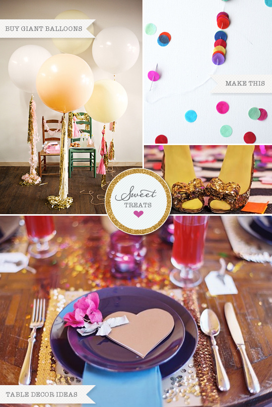Sweet treats party decor ideas: balloons, confetti, table setting