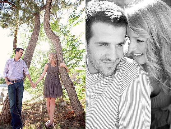 Couple holding hands under trees, happy engagement
