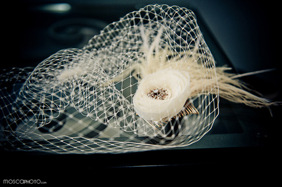Delicate white netting bridal hairpiece