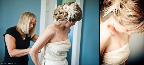 Bride getting ready on her wedding day with help