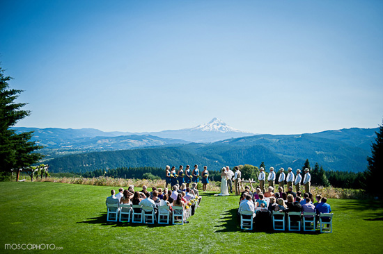 Outdoor wedding ceremony with mountain view