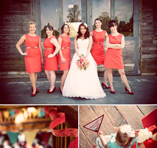 Bride with coral bridesmaids in rustic setting