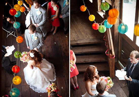 Rustic wedding ceremony with colorful paper lanterns