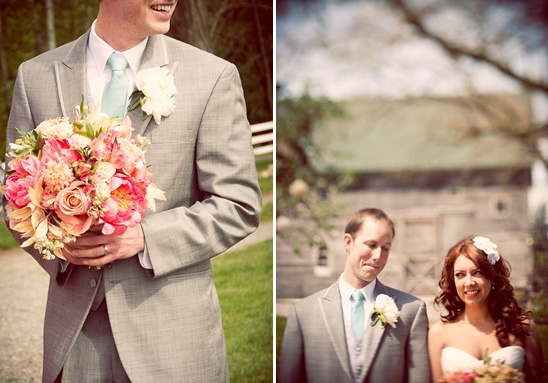 Groom holding beautiful pink wedding bouquet