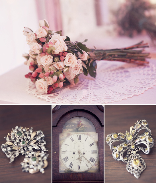 Elegant bridal bouquet, antique clock, and jewelry
