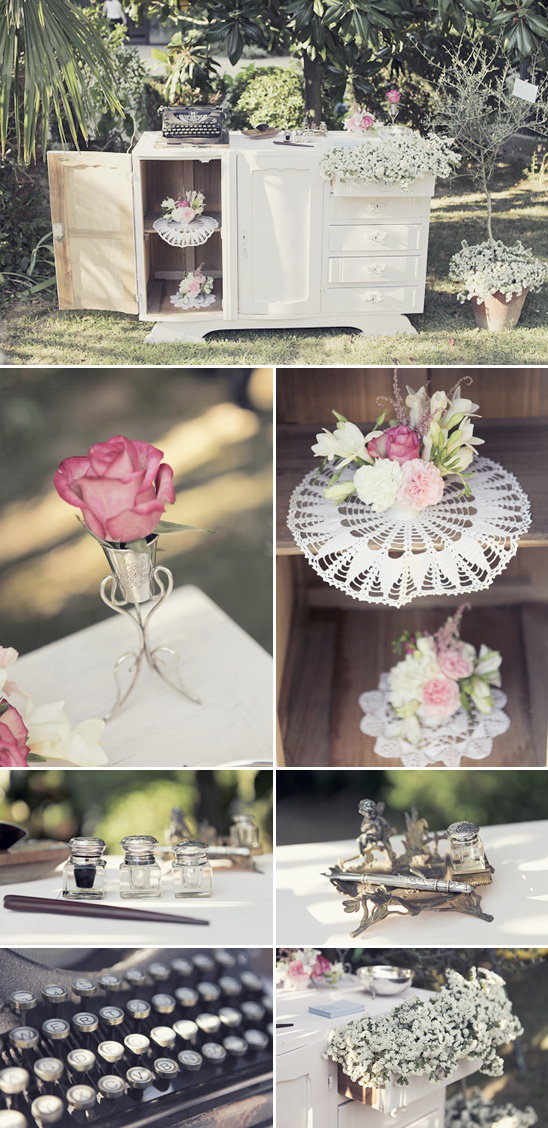 Vintage wedding decor with roses and lace