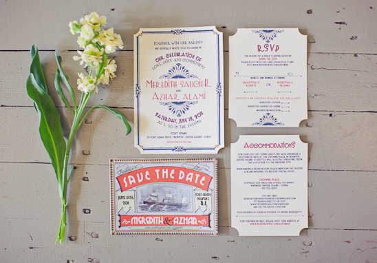 Vintage wedding invitation suite with flowers on wood