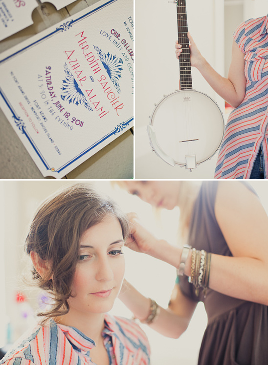 Bride getting ready banjo invitation for her wedding day