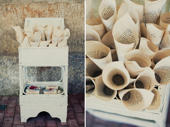 Wedding toss confetti in paper cones on white stand