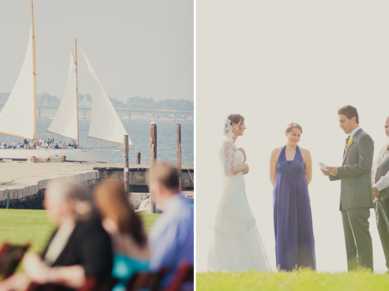 Waterfront wedding ceremony with sailboat backdrop