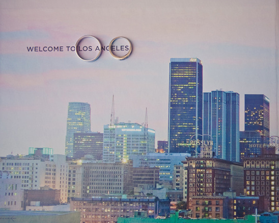 Los Angeles skyline with wedding rings: a romantic welcome