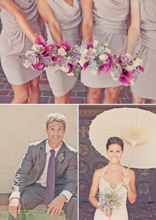Wedding party with bouquets and couple under umbrella