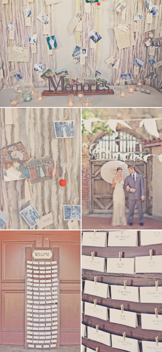 Vintage wedding decorations with photos and seating chart