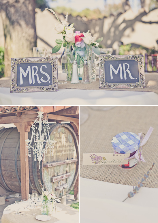 Rustic wedding table settings with Mrs and Mr signs