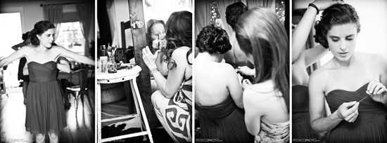 Bridesmaids get ready in black and white wedding photoshoot