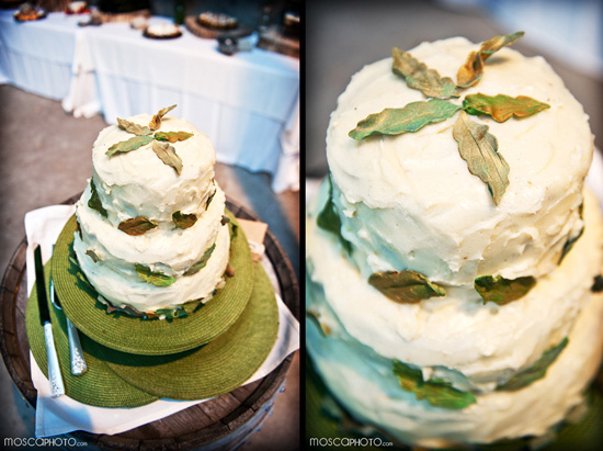 Three tier wedding cake with leaves decoration