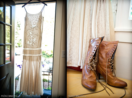 Vintage wedding dress and leather boots details shot