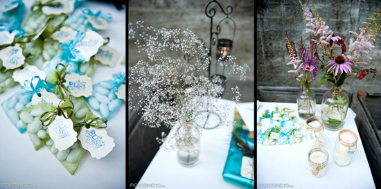 Wedding favors with flowers and candles on table