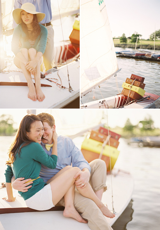 Couple enjoying a romantic moment on a sailboat, bright sunlight