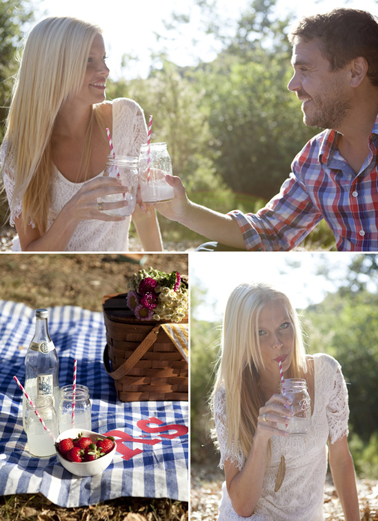 Couple enjoying a picnic with drinks and strawberries on a sunny day