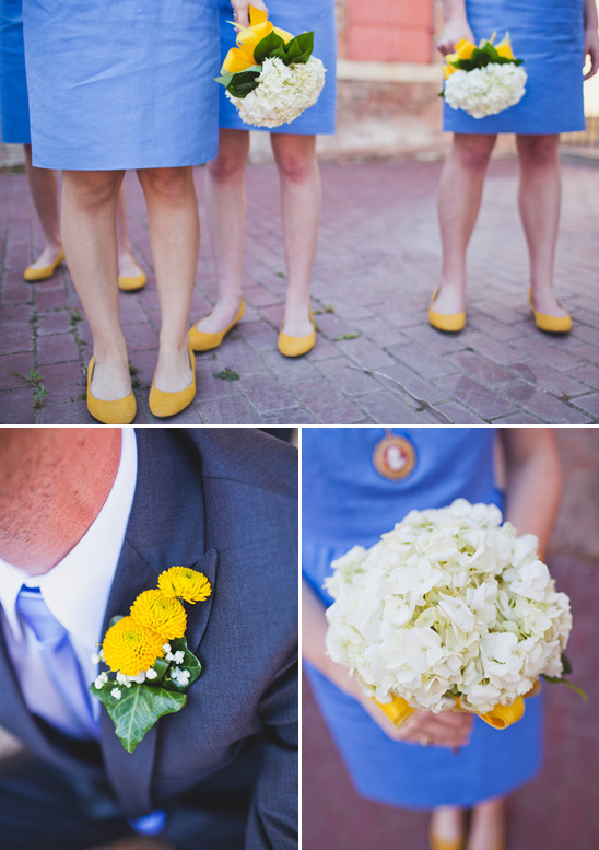 Bridesmaids in blue dresses with yellow shoes and bouquets
