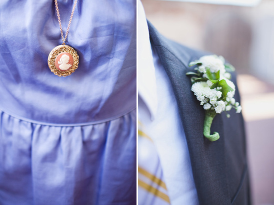 Woman with a cameo necklace and groom with a boutonniere