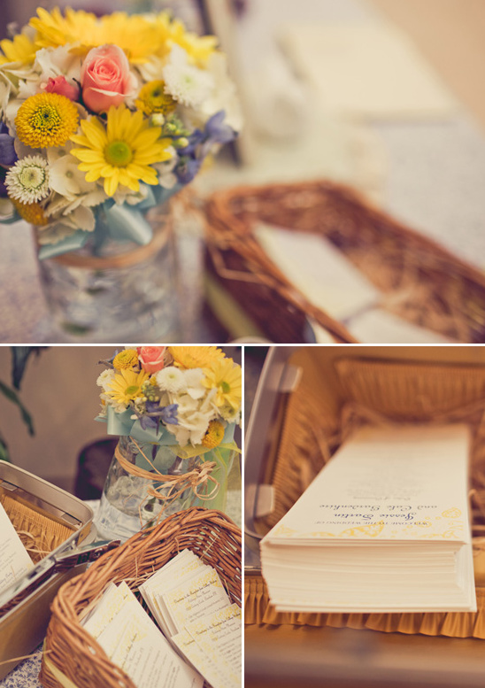 Wedding ceremony details with flower bouquet and programs