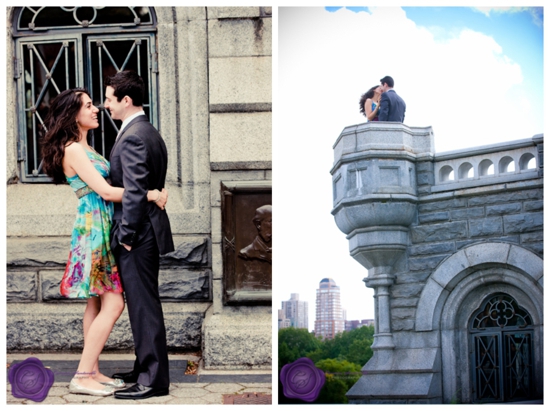 Couple embrace near building, another kissing at height, city view