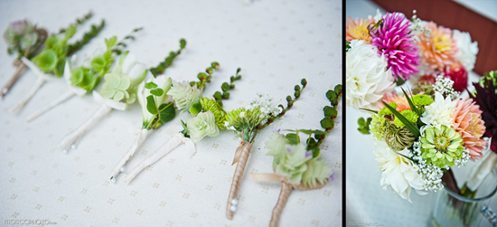 Wedding boutonnieres and bouquet arrangement with various flowers