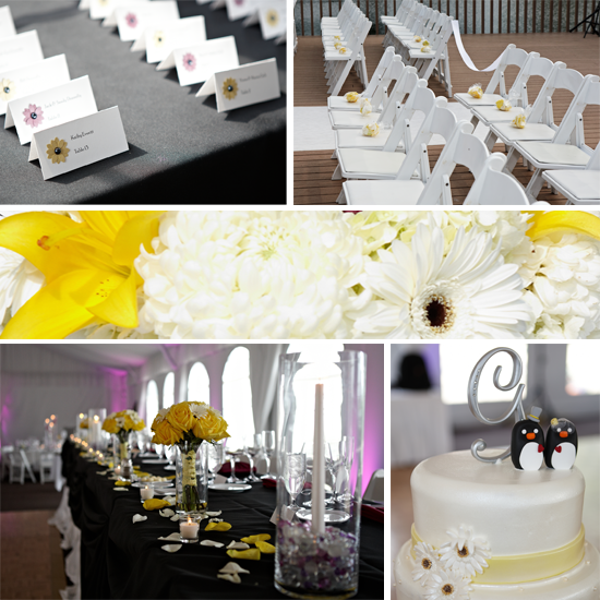 Wedding details: place cards, ceremony seating, floral decor, cake