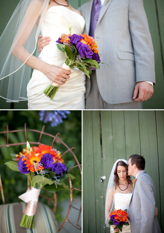 Bride holding vibrant orange and purple wedding bouquet