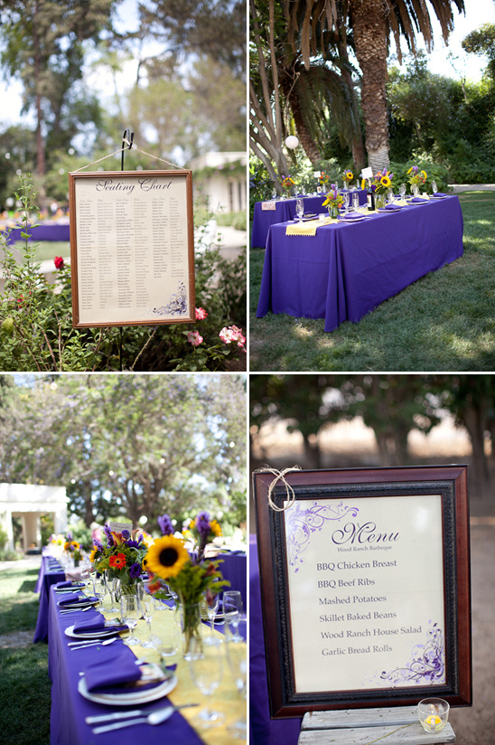 Outdoor wedding reception setup with purple and yellow decor