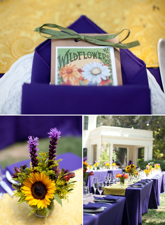 Elegant wedding tablescape with wildflowers and purple decor