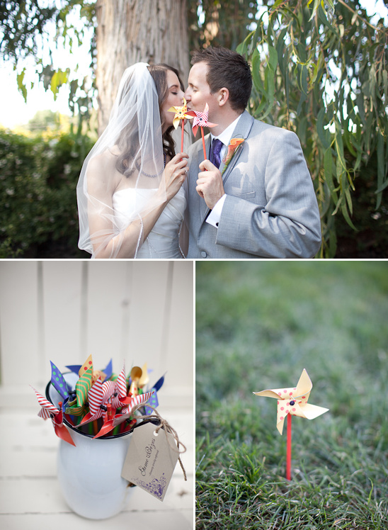Wedding couple kissing with pinwheels; unique decor ideas