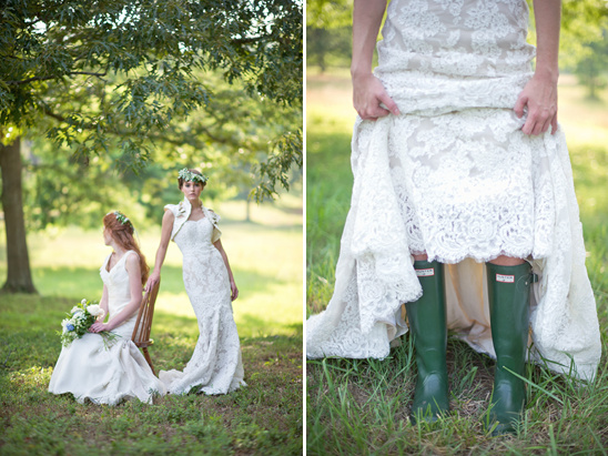 Two brides in wedding dresses with green boots in a field