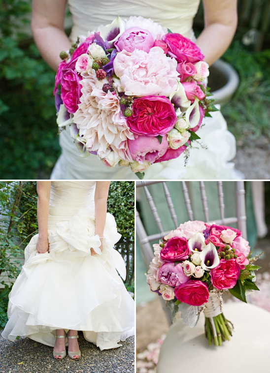 Bride holding vibrant pink flower bouquet for wedding ceremony