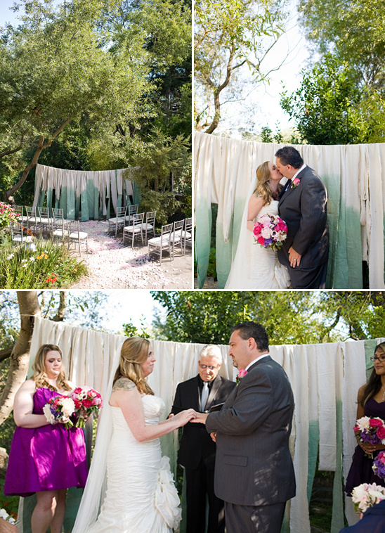 Outdoor wedding ceremony with a couple exchanging vows