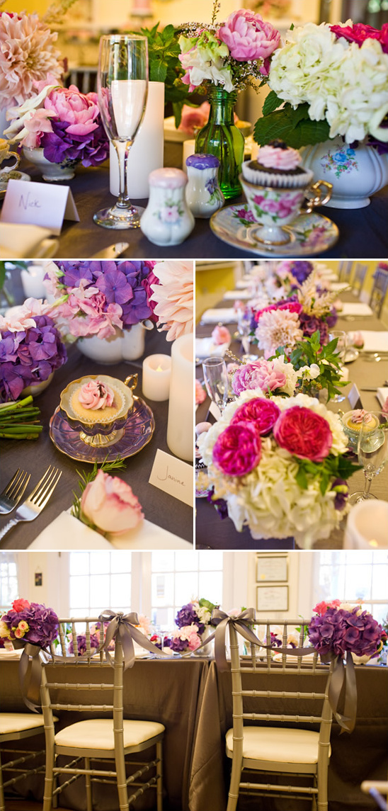 Elegant wedding table setting with floral arrangements and cupcakes