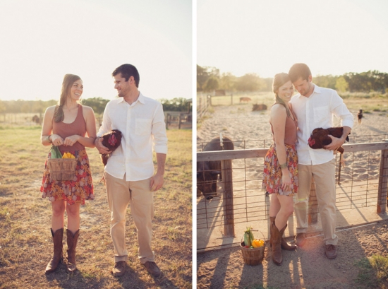 Couple in countryside with basket and chicken, enjoying the farm
