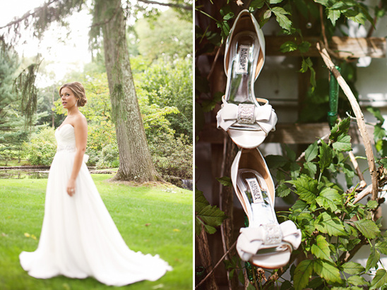 Bride in white dress with bridal shoes, wedding day preparation