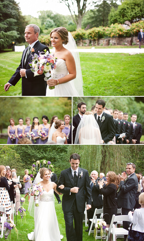 Bride and groom walking down aisle at outdoor wedding ceremony