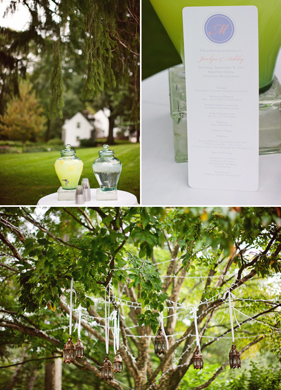 Outdoor wedding decorations with lanterns and refreshments